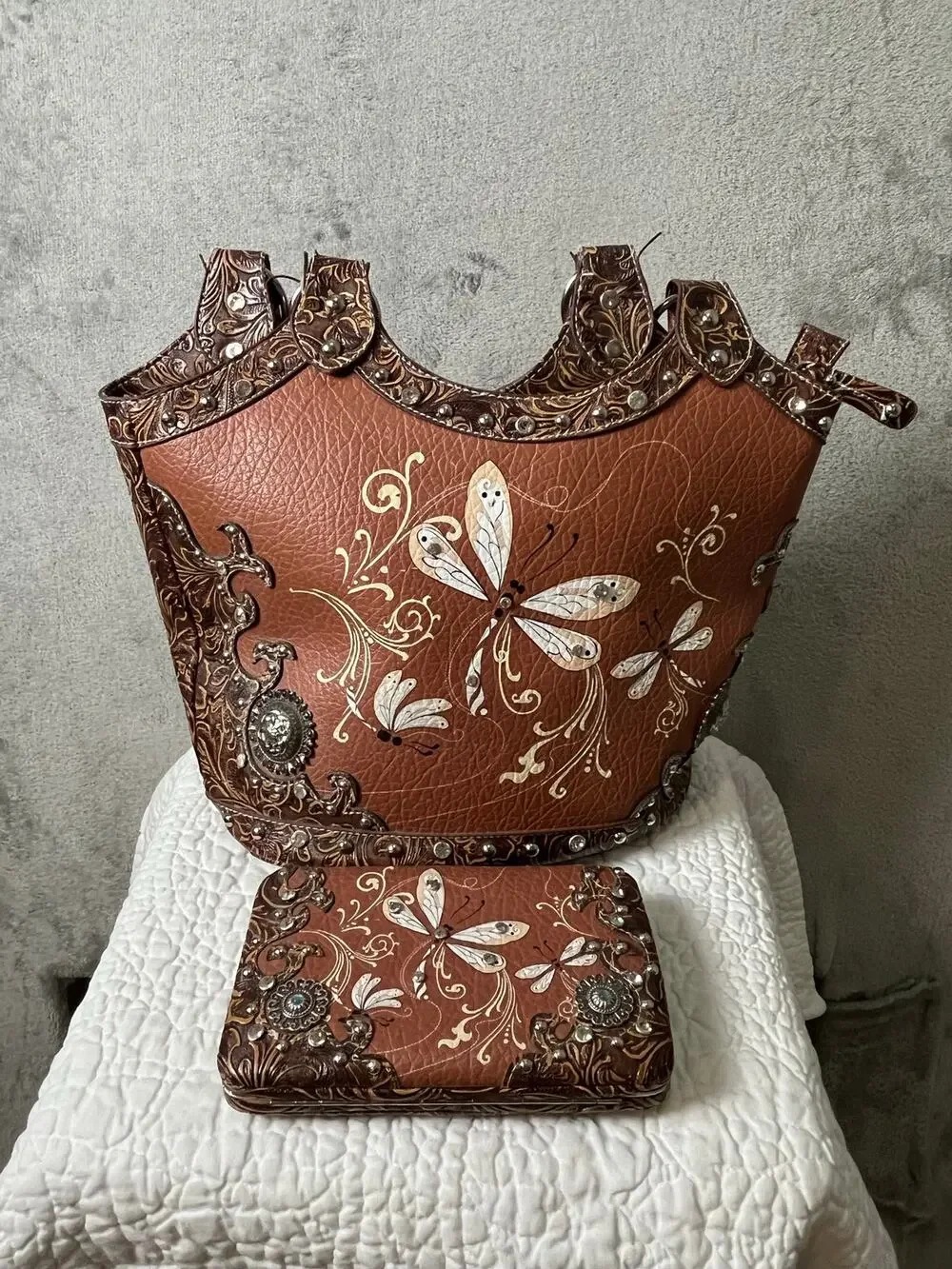 Western Dragonfly Studded Shoulder Bag Wallet Set Tooled Boho Cowgirl Purse